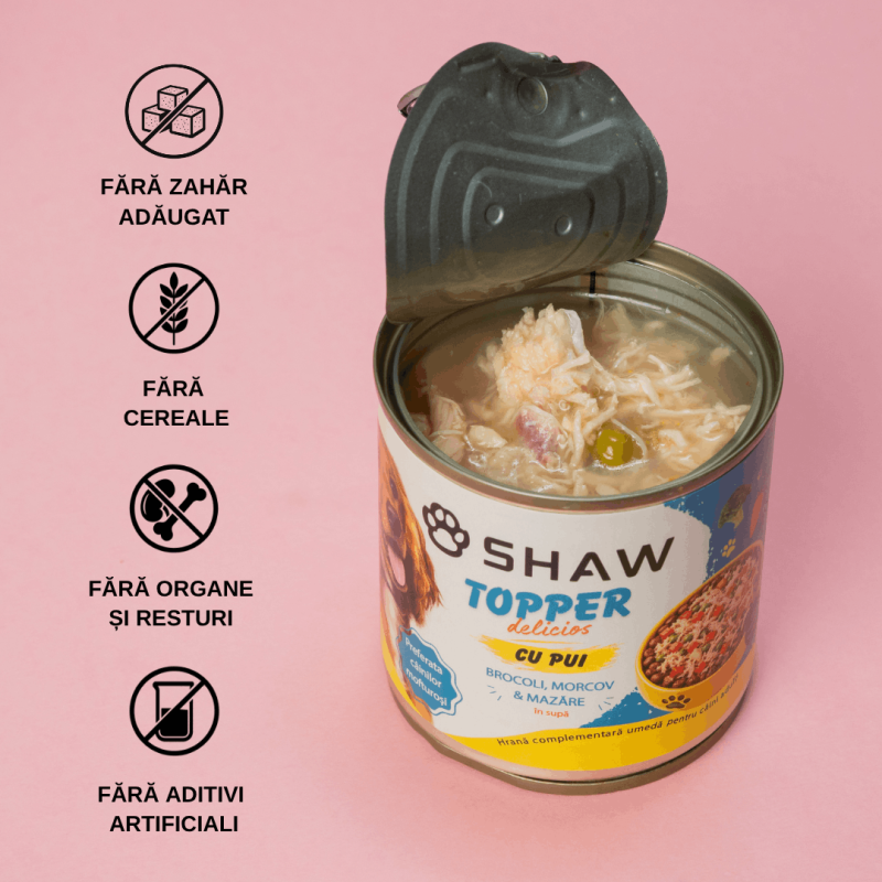 Topper premium pentru câini SHAW cu piept de pui, morcov, broccoli și mazăre în supă, hrană umedă complementară, 170 g