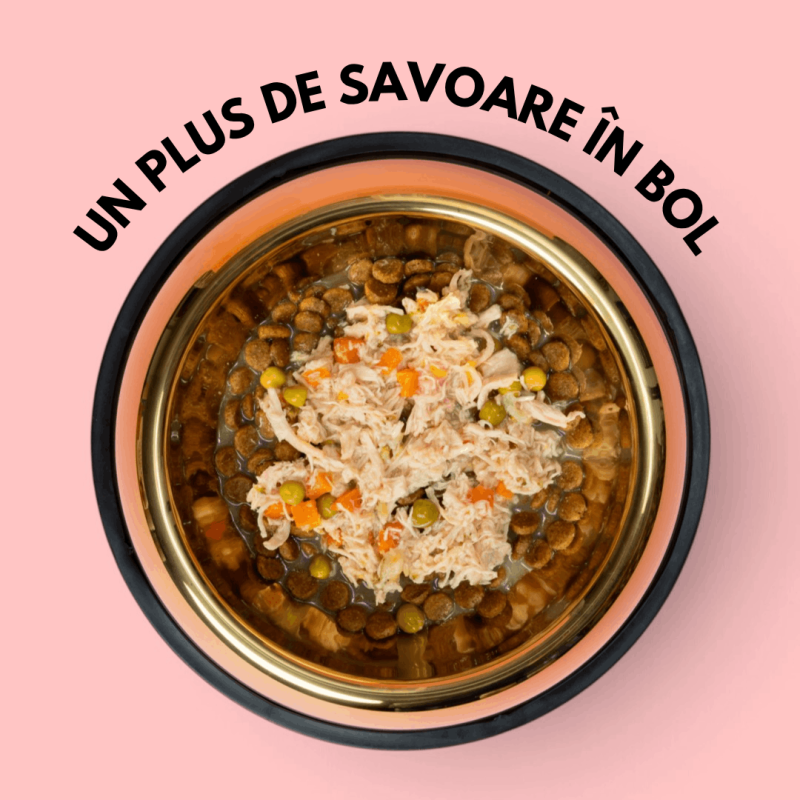 Topper premium pentru câini SHAW cu piept de pui, morcov, broccoli și mazăre în supă, hrană umedă complementară, 170 g