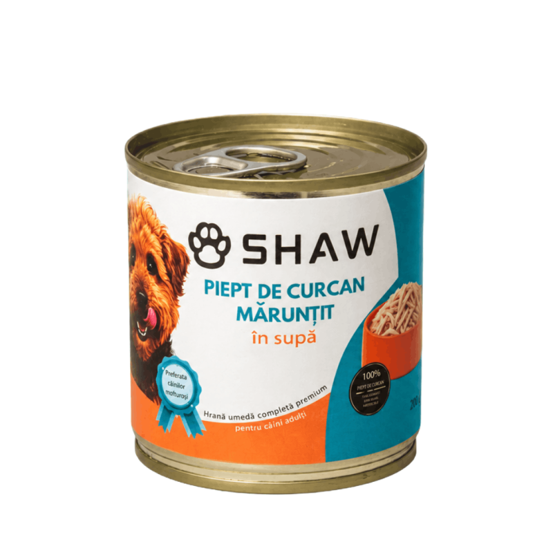 Hrană umedă premium pentru câini SHAW, Piept de Curcan Mărunțit în Supă, hrană completă, fără cereale, 200 g