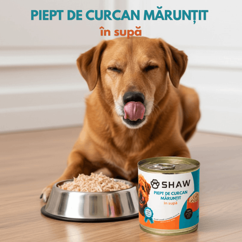 Hrană umedă premium pentru câini SHAW, Piept de Curcan Mărunțit în Supă, hrană completă, fără cereale, 200 g