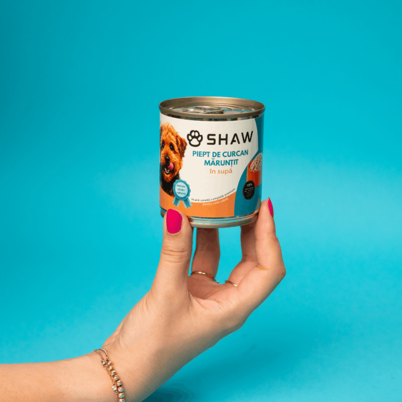 Hrană umedă premium pentru câini SHAW, Piept de Curcan Mărunțit în Supă, hrană completă, fără cereale, 200 g
