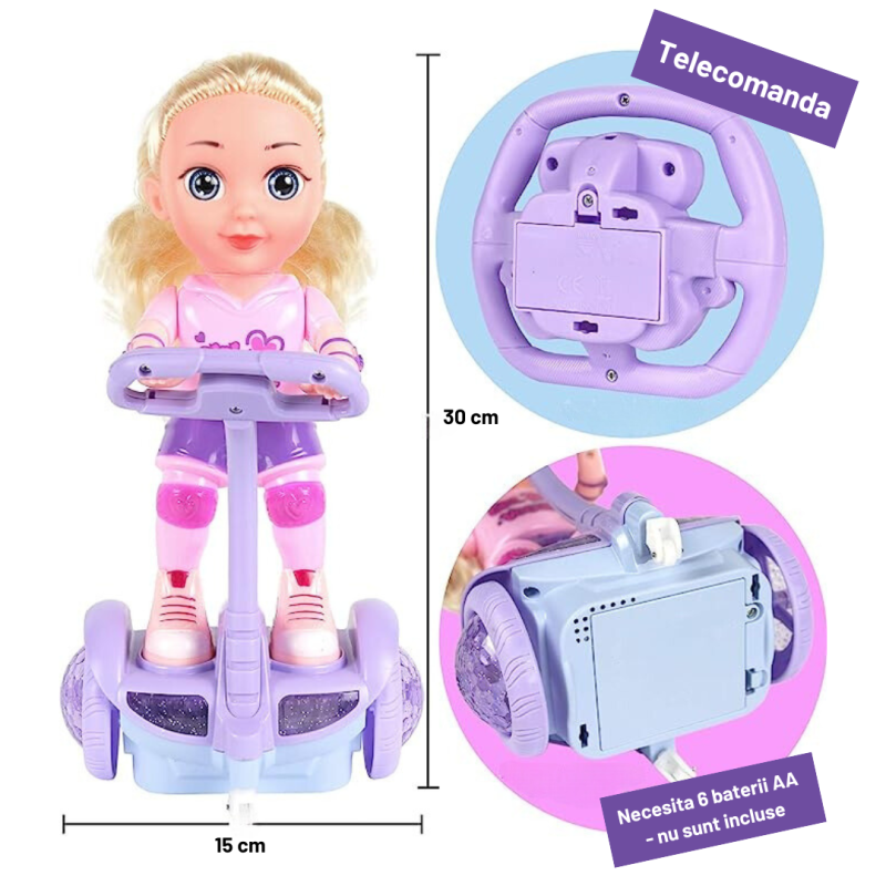 Papusa cu roti si telecomanda Balance RC, rotire 360, muzica si lumini interactive, mov