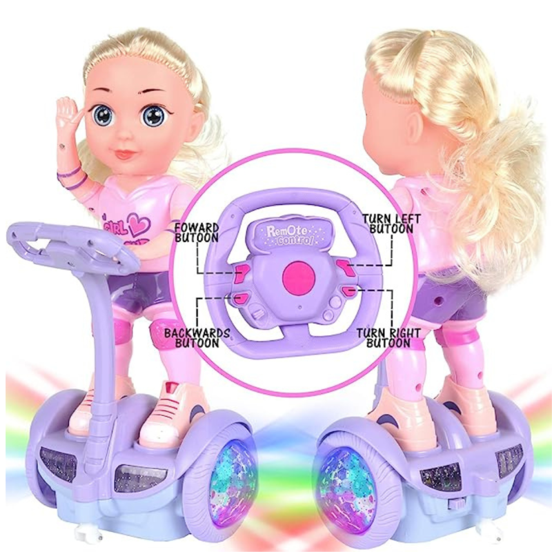 Papusa cu roti si telecomanda Balance RC, rotire 360, muzica si lumini interactive, mov