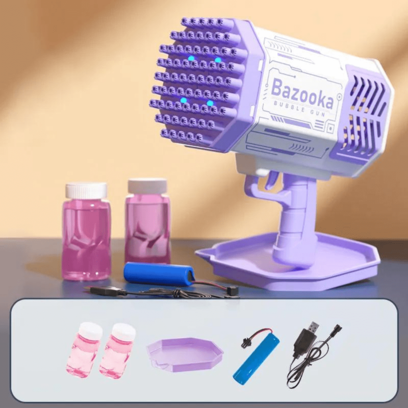 Pistol de baloane sapun, Bazooka Kindy, mov, reincarcabil, 2 sticlute lichid baloane