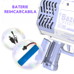 Pistol de baloane sapun, Bazooka Kindy, mov, reincarcabil, 2 sticlute lichid baloane