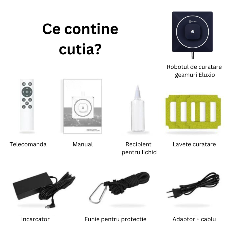 Robot smart de curatare geamuri, Eluxio, Aplicatie mobila, Telecomanda, Rezervor 50ml + Cadou 2 lavete extra