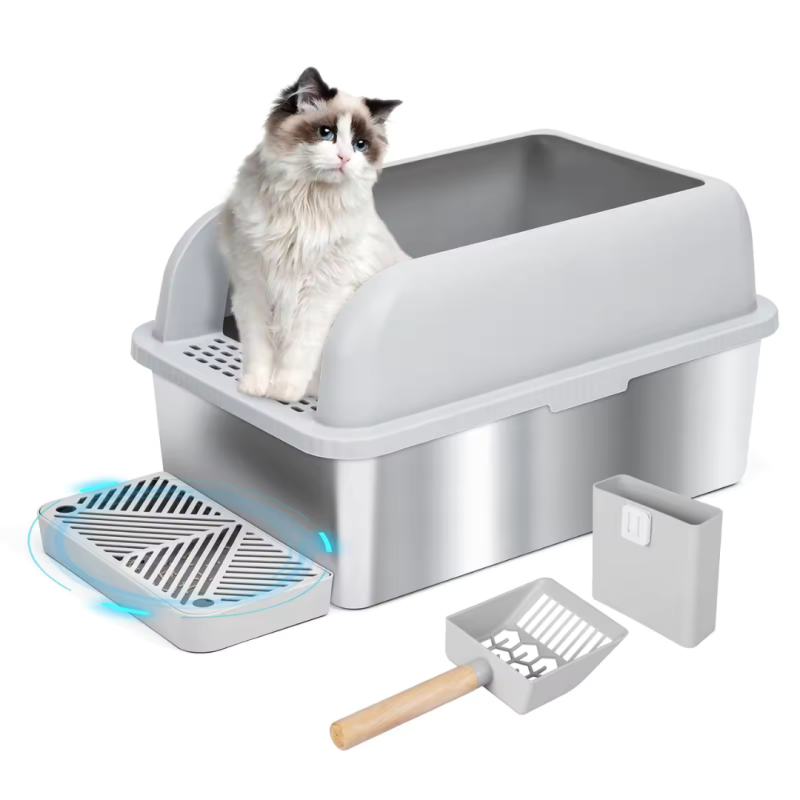 Litiera inox SHAW® XL pentru pisici, cu prag si lopatica incluse, usor de curatat, rezistenta