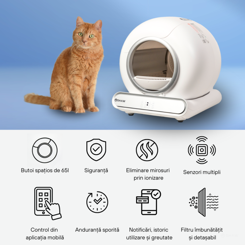 Litiera automata smart SHAW® V3 pentru pisici, auto-curatare, eliminare mirosuri prin ionizare, aplicatie mobila, 9L