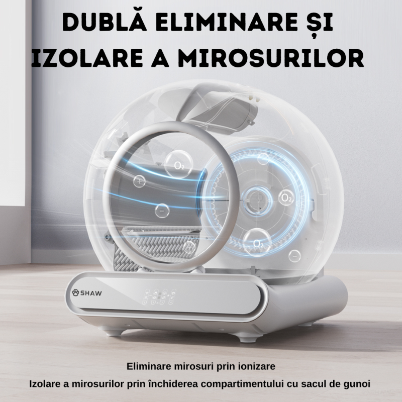 Litiera automata smart SHAW® V3 pentru pisici, auto-curatare, eliminare mirosuri prin ionizare, aplicatie mobila, 9L