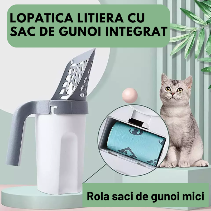 Lopatica litiera pisici cu sac gunoi integrat detașabil + 1 rola saci gunoi