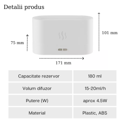 Difuzor aromaterapie si umidificator cu efect flacara ALB, Ultrasunete, 180 ml, 10 ore
