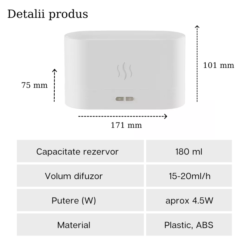 Difuzor aromaterapie si umidificator cu efect flacara ALB, Ultrasunete, 180 ml, 10 ore