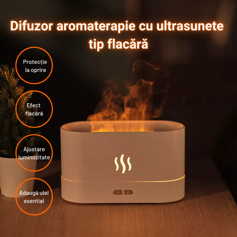 Difuzor aromaterapie si umidificator cu efect flacara ALB, Ultrasunete, 180 ml, 10 ore