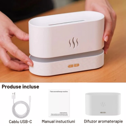 Difuzor aromaterapie si umidificator cu efect flacara ALB, Ultrasunete, 180 ml, 10 ore