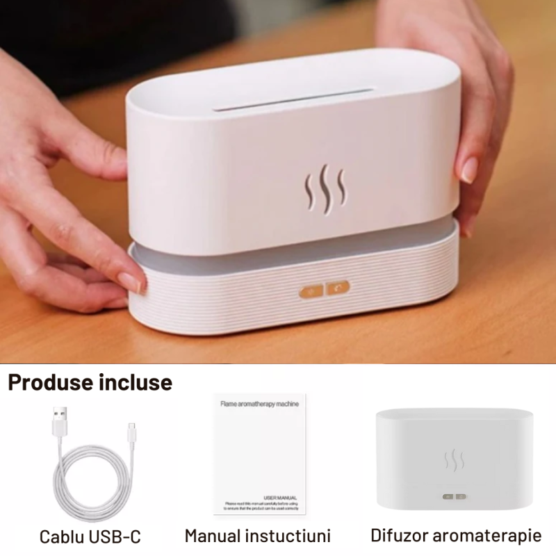 Difuzor aromaterapie si umidificator cu efect flacara ALB, Ultrasunete, 180 ml, 10 ore