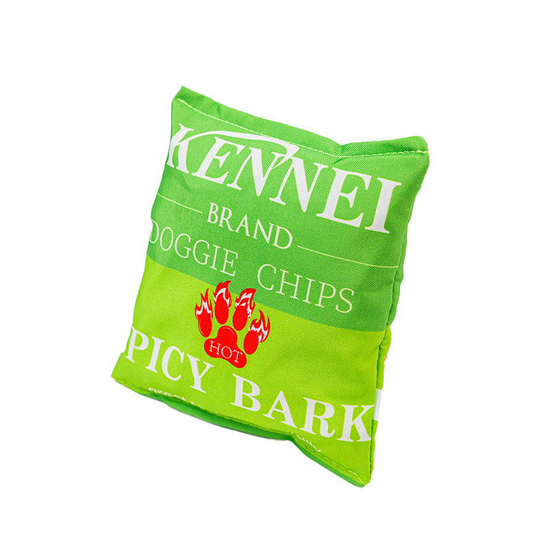 Set 2x Jucarie pentru caini tip pernuta de ros, SHAW, design punga chipsuri amuzante, Dogritos si Kennei