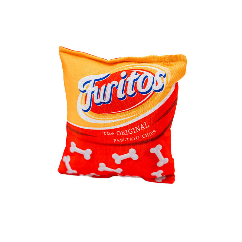 Set 2x Jucarie pentru caini tip pernuta de ros, SHAW, design punga chipsuri amuzante, Ruffus si Furitos