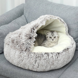 Pat Pufos pentru Pisici si Caini - Cald, Confortabil si Lavabil - Culoare Gri cu Bej