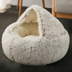 Pat Pufos pentru Pisici si Caini - Cald, Confortabil si Lavabil - Culoare Gri cu Bej