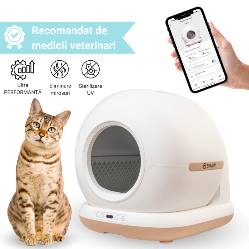 Litiera automata Smart SHAW® PRO pentru pisici, auto-curatare, sterilizare UV, eliminare mirosuri cu odorizant, aplicatie mobila